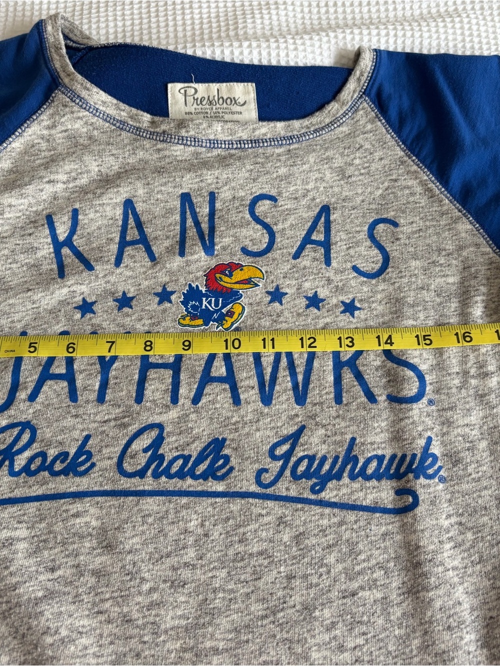 Pressbox Kansas Jayhawks Raglan Sweatshirt - Royal Blue & Heather Gray - Picture 4 of 7